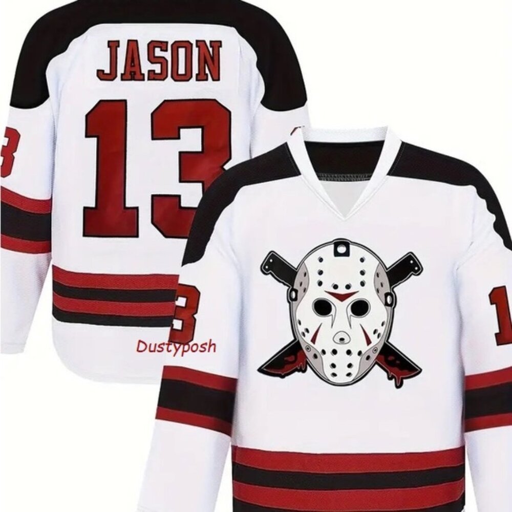 #13 Mens V-Neck Embroidered Hockey Jersey Shirt Jason Voorhees Halloween Classic